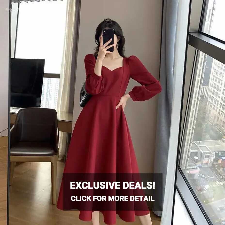 Elegant French Knee Length Urban Womens Burgundy Dress With Square ...