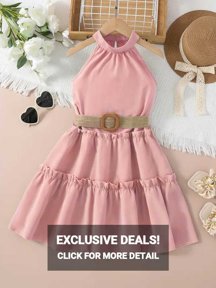 Elegant Girls Solid Halter Neck Sleeveless Dress Casual - Temu