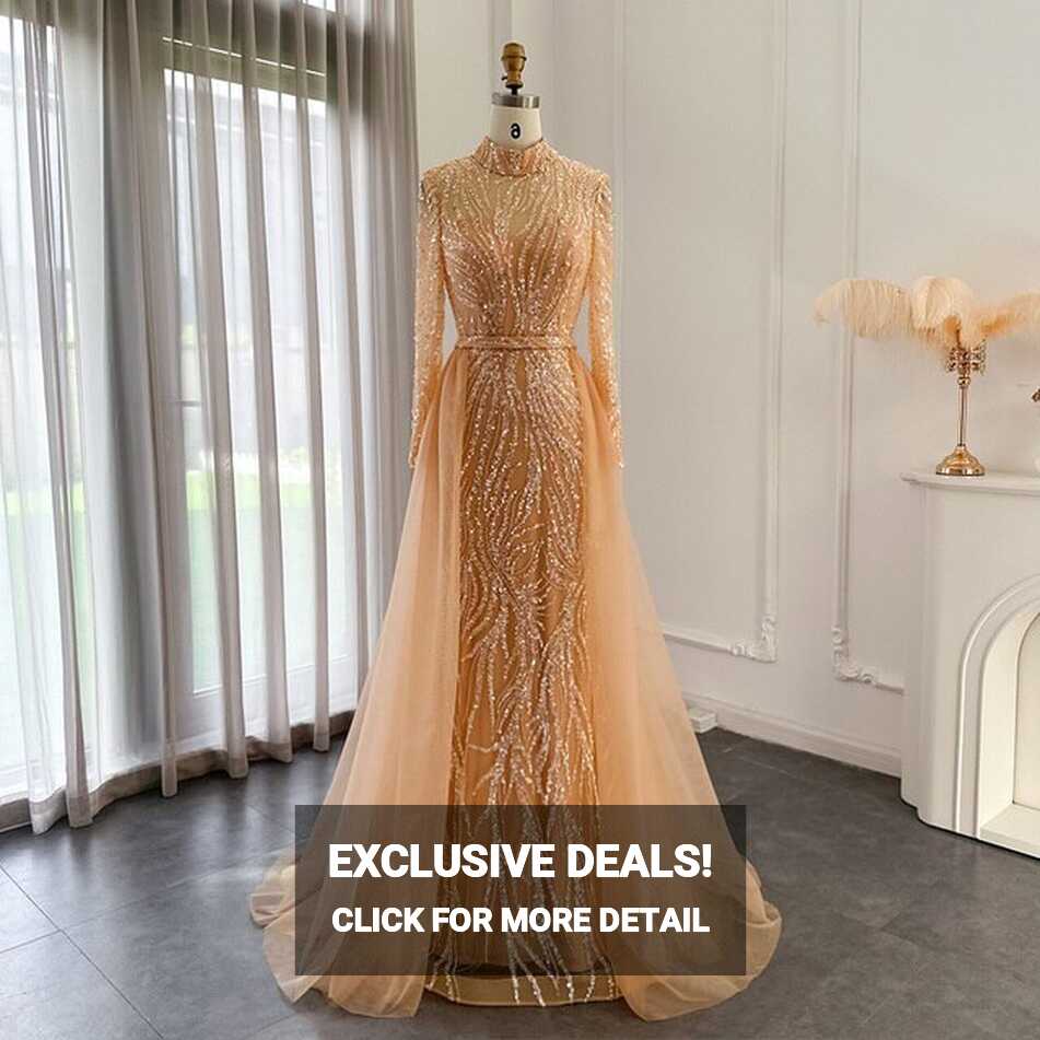 Elegant Gold Mermaid Arabic Luxury Evening Dress – DreamyVow