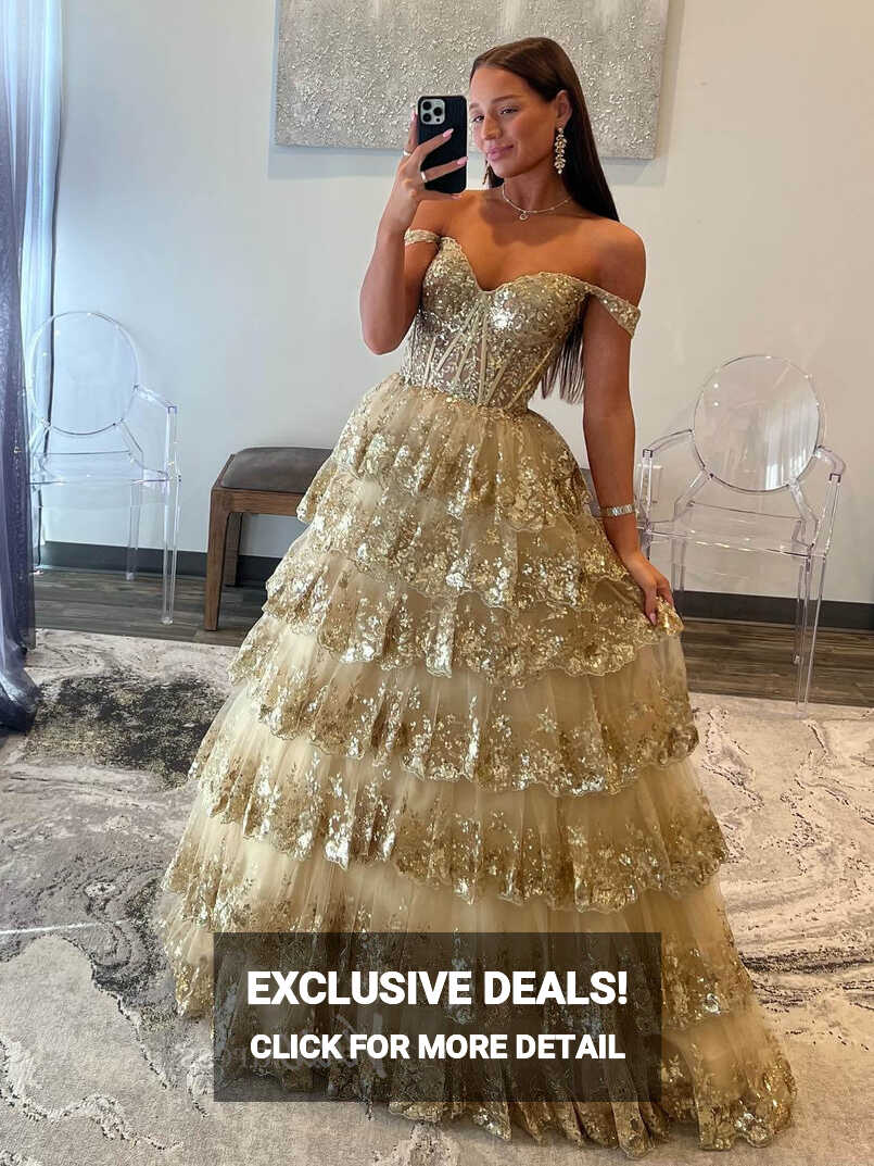 Elegant Gold Sparkly Lace Prom Dresses 2024 Off the Shoulder Ball ...