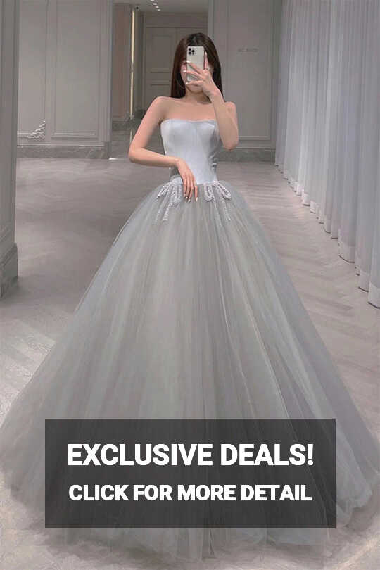 Elegant Gray Tulle Long Prom Dress, Strapless Gray Formal Evening ...