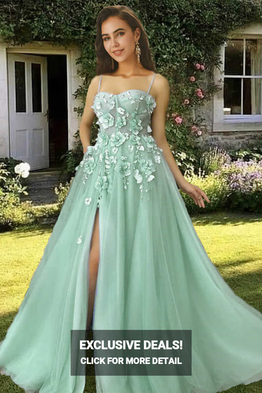 Elegant Green Floral Lace Long Prom Dress with High Slit, Long ...