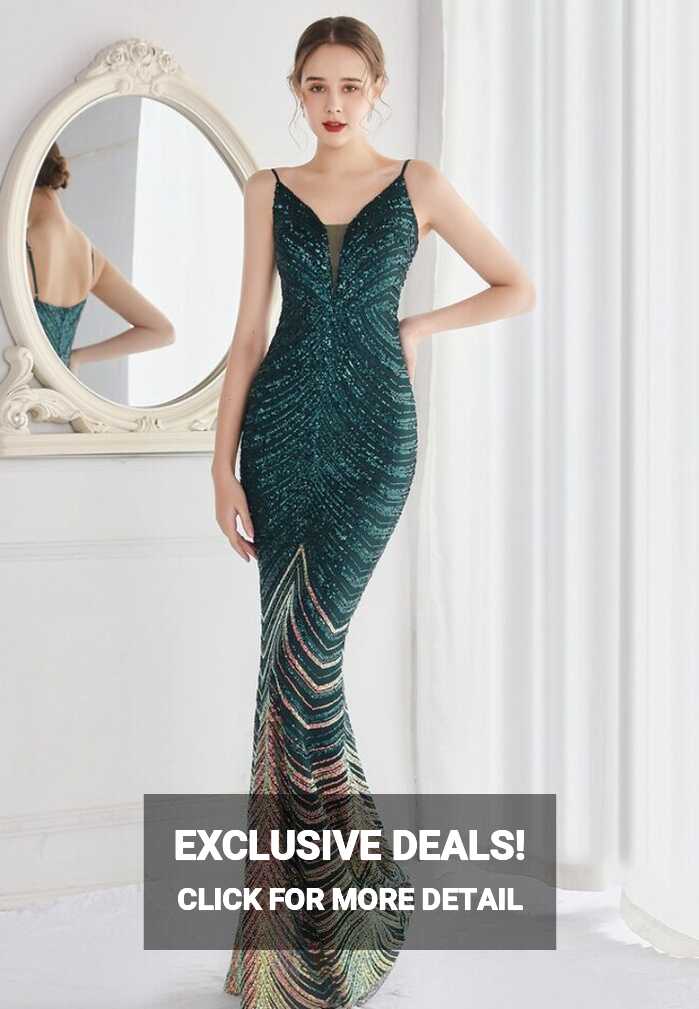 Elegant Green Shining Sequins V Neck Strapless Slim Formal ...