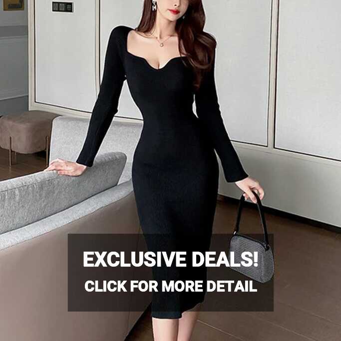 Elegant Knitted Black Midi Dress Women Korean One Piece Vintage V ...