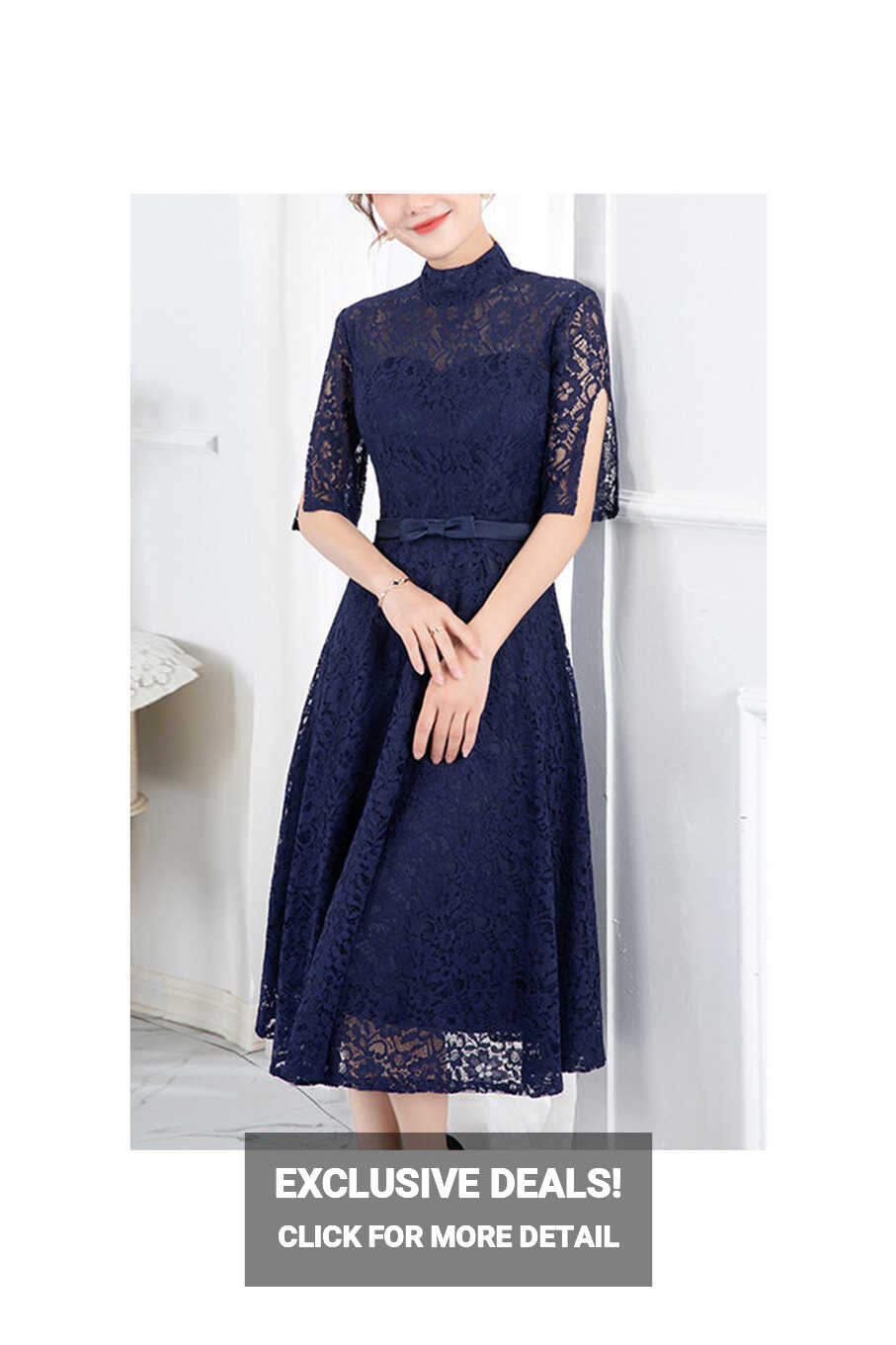 Elegant Lace Short Sleeve Midi Wedding Guest Dress With Turtle ...