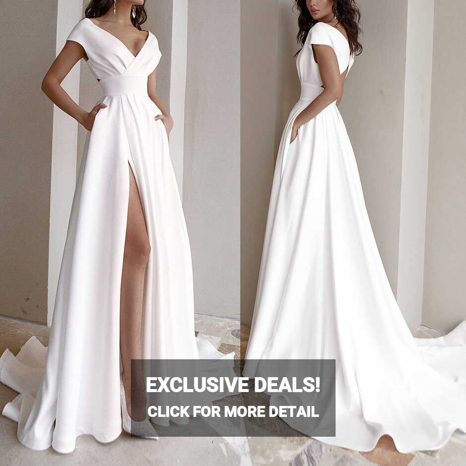 Elegant Ladies White V Neck Long Dress for Evening, Wedding ...