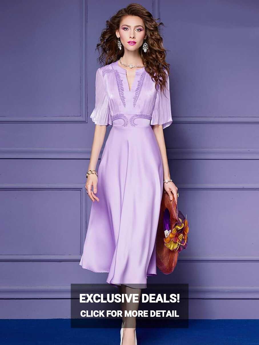 Elegant Lady Summer Beading Midi Purple Dress for Women Short ...