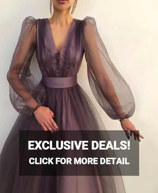 Elegant Long Puff Sleeves Evening Dress V-Neck 2024 A line Simple ...