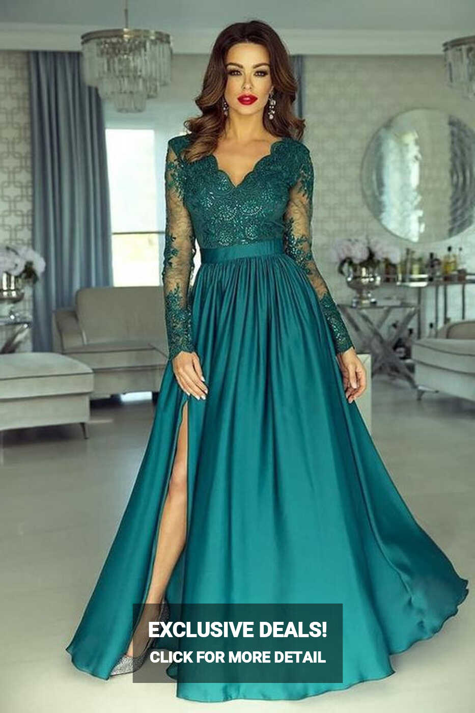 Elegant Long Sleeve A-line V-neck Lace Long Prom Dress with Slit ...