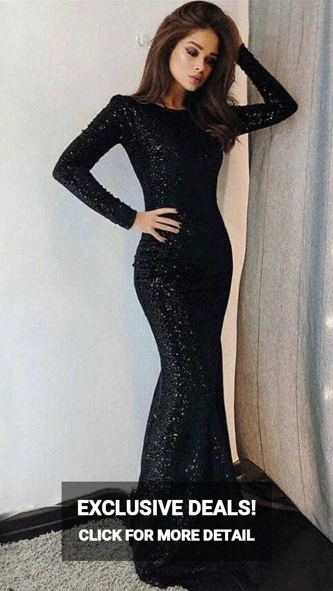 Elegant Long Sleeve Black Sequins Evening Dress – daisystyledress