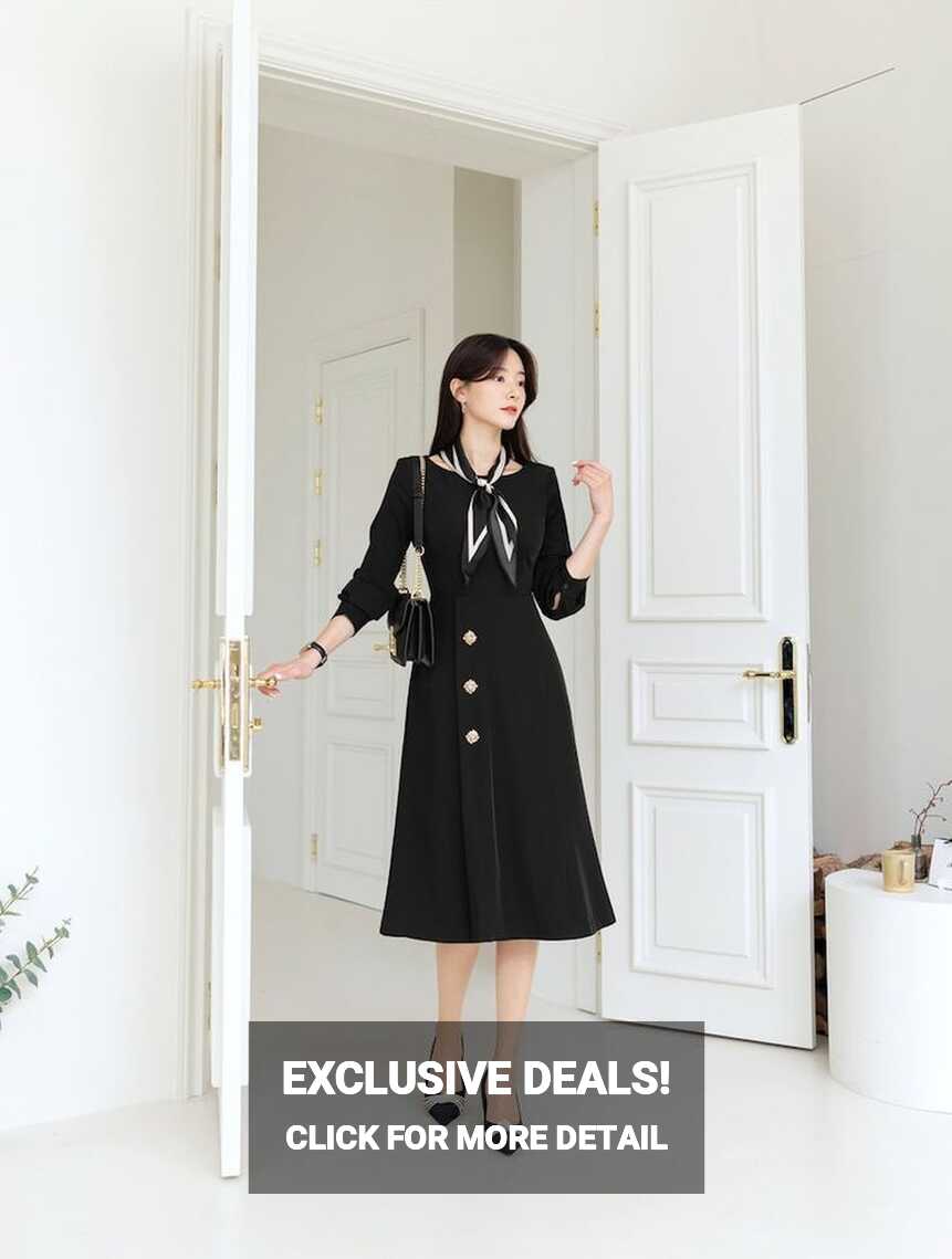 Elegant Long Sleeve Formal Dress Korean Style Autumn Midi Flare ...