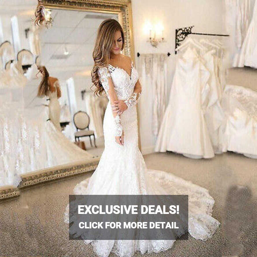 Elegant Long Sleeve Mermaid Wedding Dresses V-Neck Lace Bridal ...