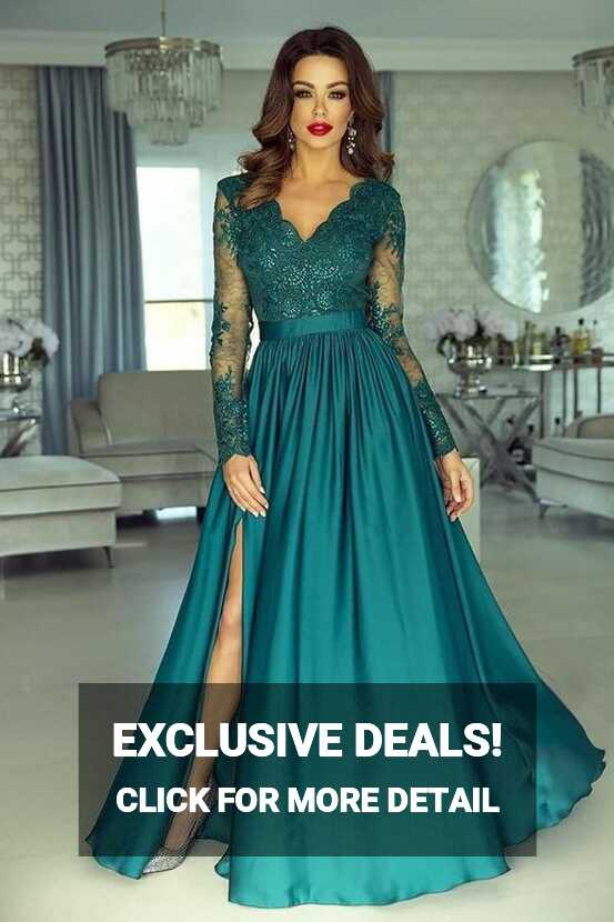 Elegant Long Sleeve Prom Dress Lace Appliques Long Evening Gowns ...