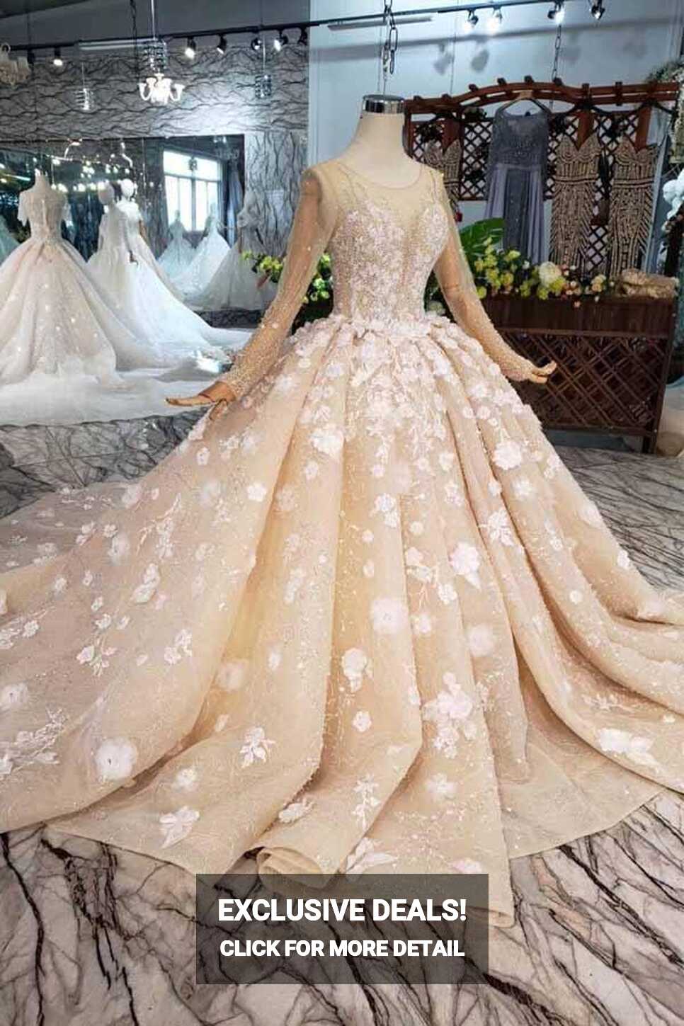 Elegant Long Sleeves Ball Gown Beading Wedding Dress With Flowers ...