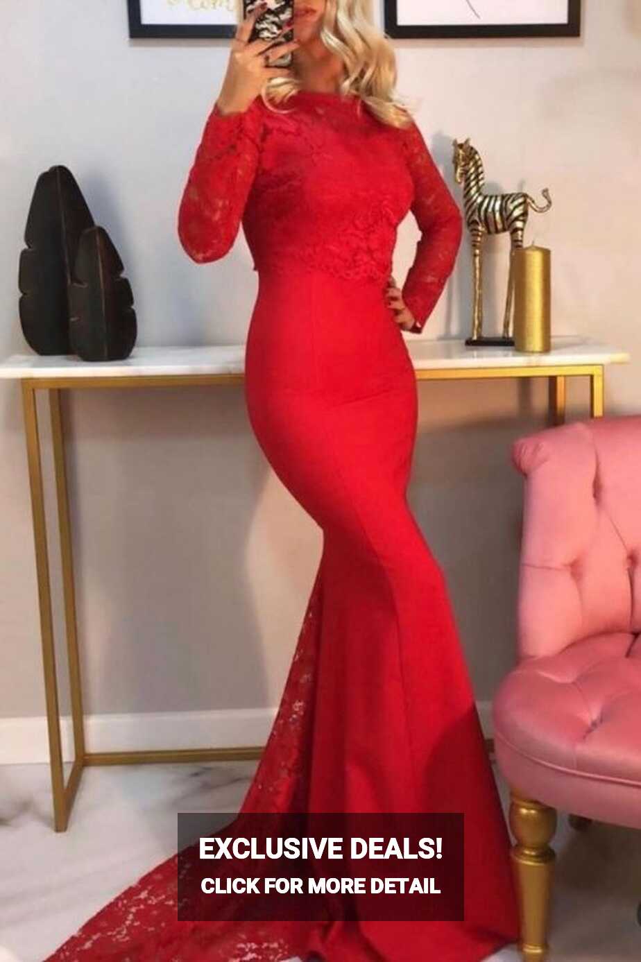 Elegant Mermaid Long Sleeves Red Prom Dress with Lace Online ...