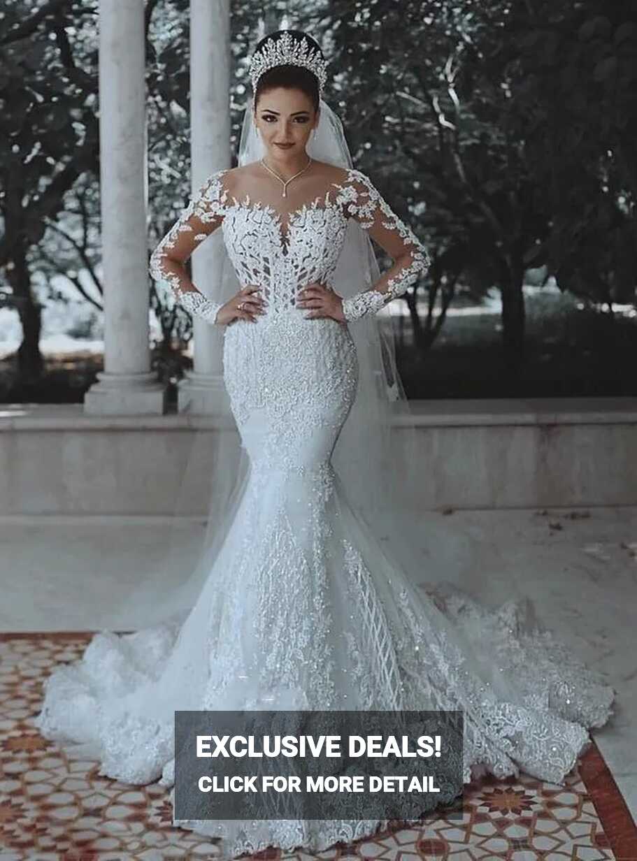 Elegant Mermaid See Through Long Sleeve White Lace Wedding Dress ...