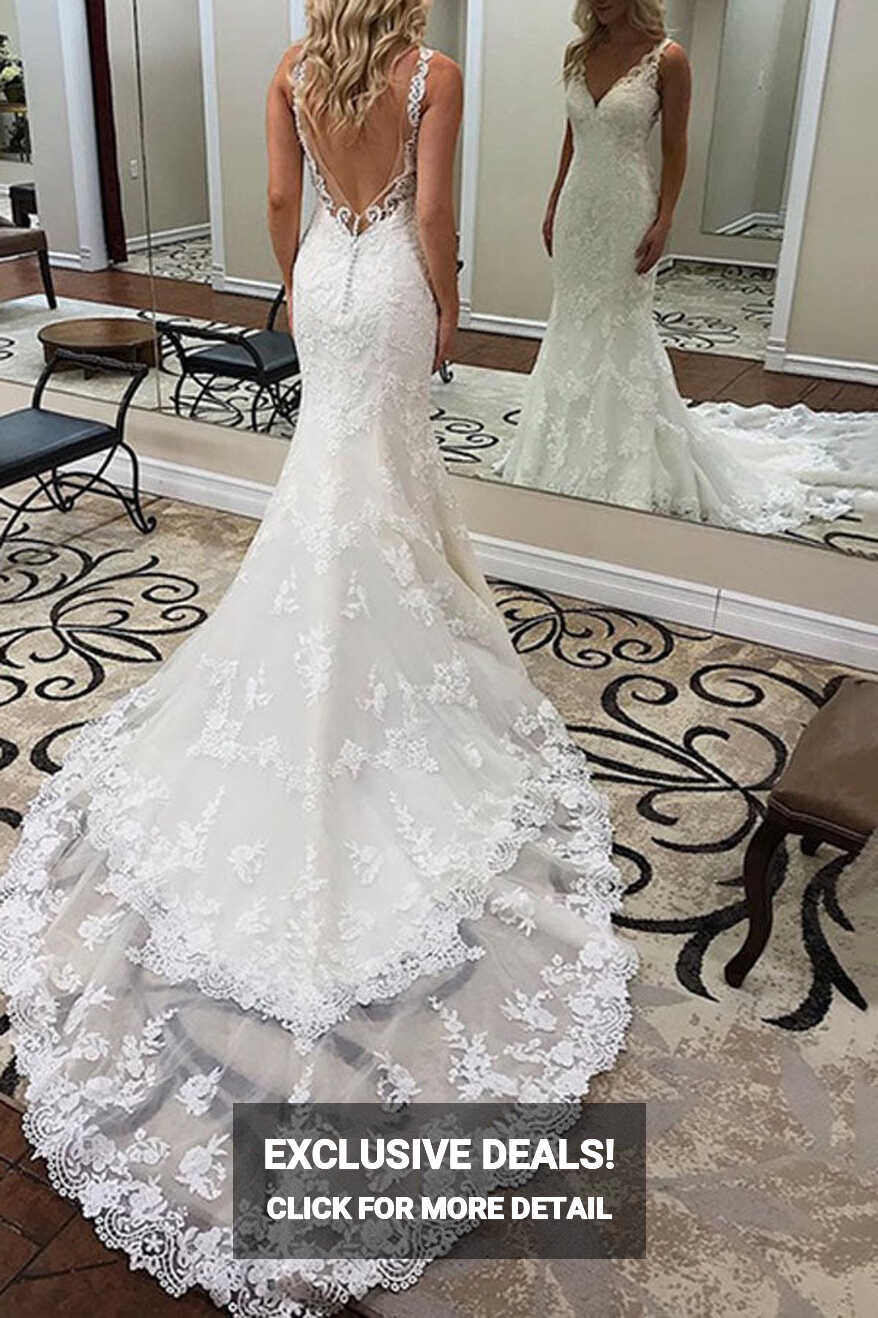 Elegant Mermaid V-neck Open Back Lace Wedding Dresses with Court ...