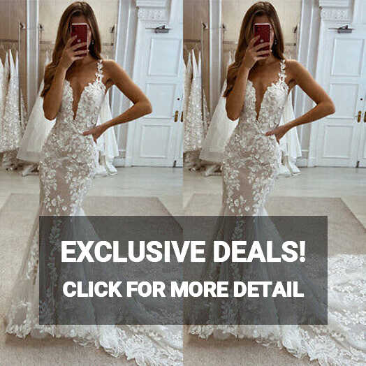 Elegant Mermaid Wedding Dresses Lace Appliques Straps Deep V-Neck ...