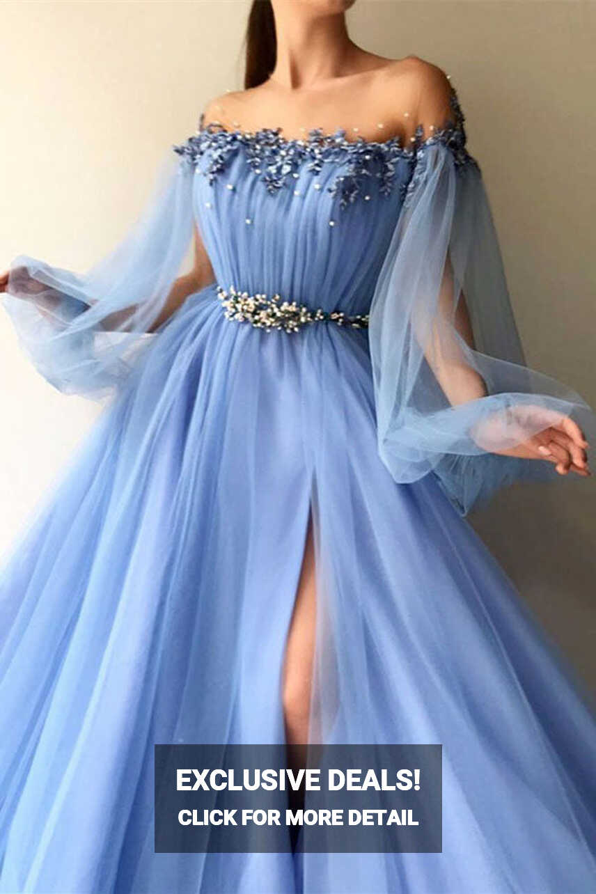 Elegant Off the Shoulder Blue Long Sleeves Beaded Side Slit Prom ...