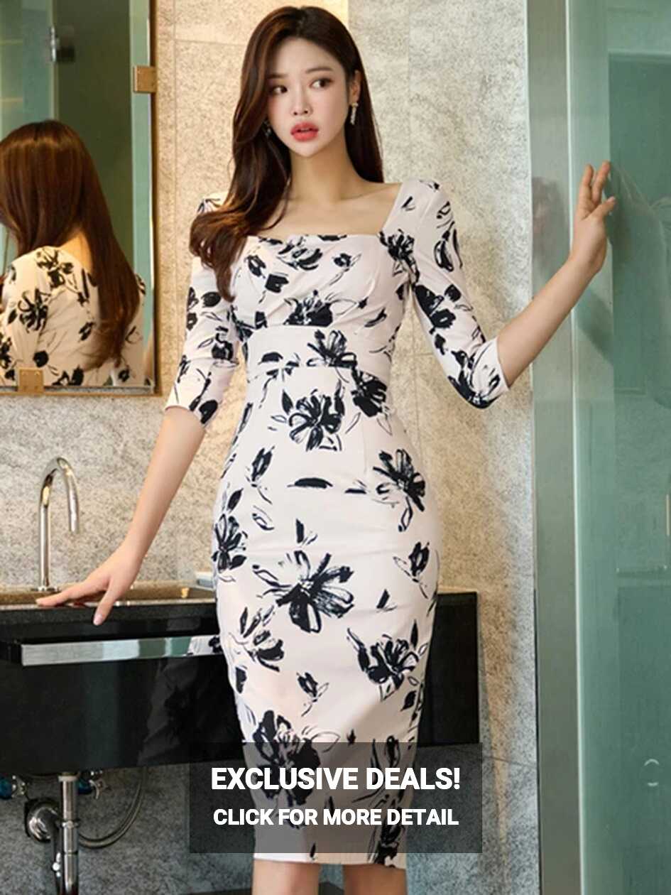 Elegant Office Lady Dress Spring Fashion Floral Square Collar With ...