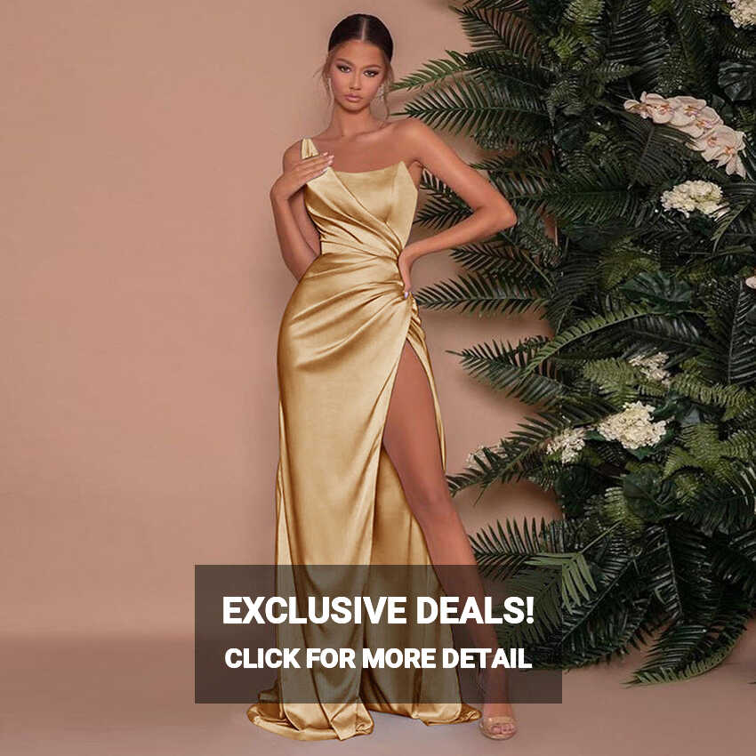 Elegant One Shoulder Backless Satin Ruched Split Maxi Dress Women ...