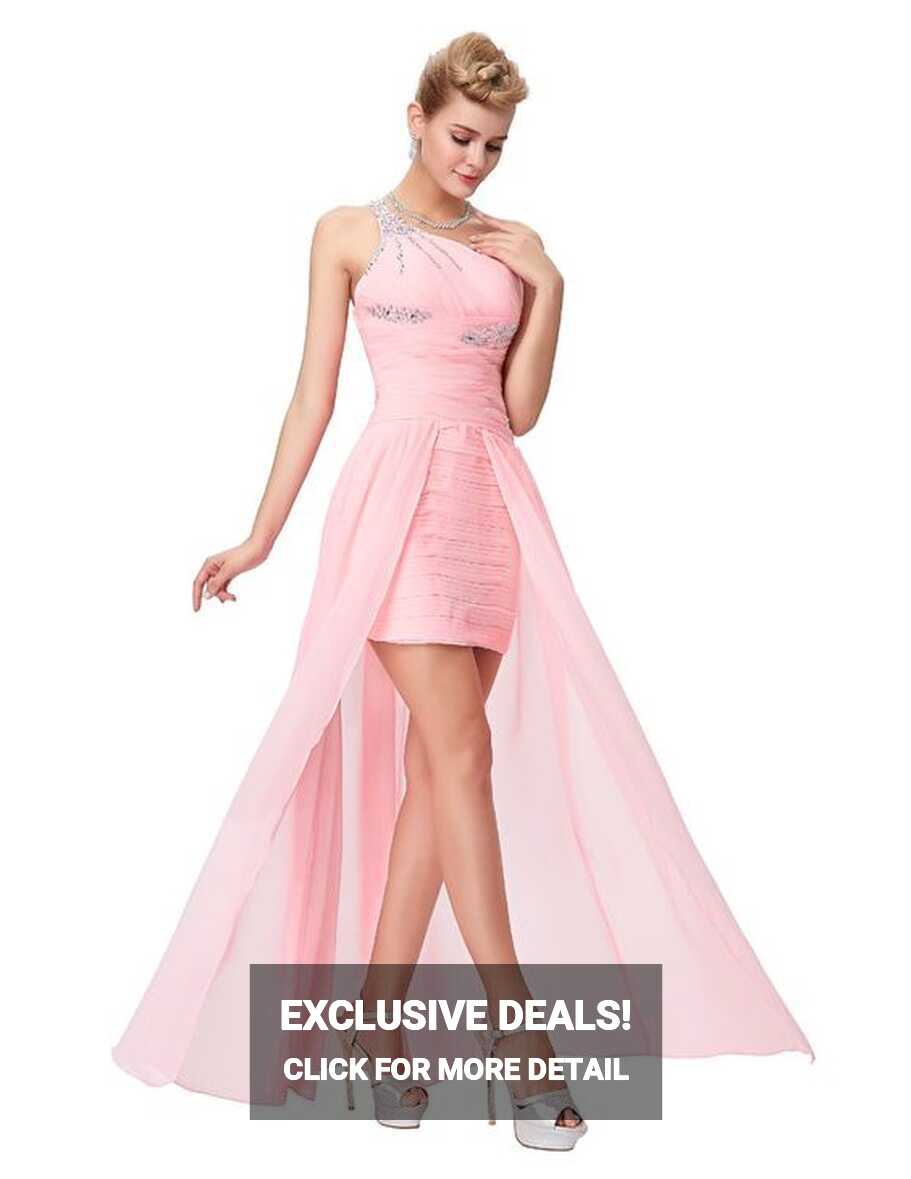 Elegant One Shoulder Pink Short Front Long Back Chiffon Bridesmaid ...