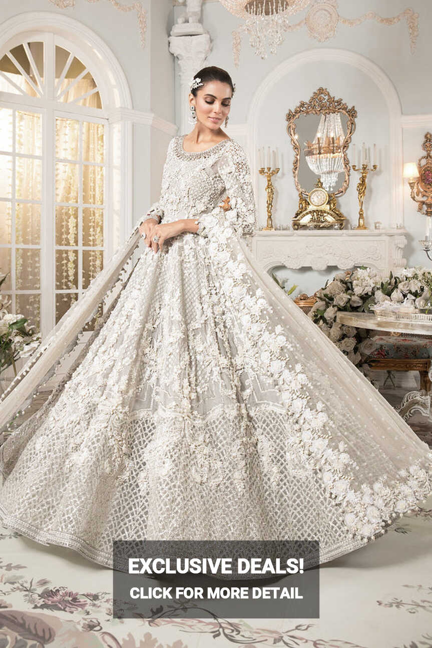 Elegant Pakistani White Bridal Dress in Gown Lehenga Style ...