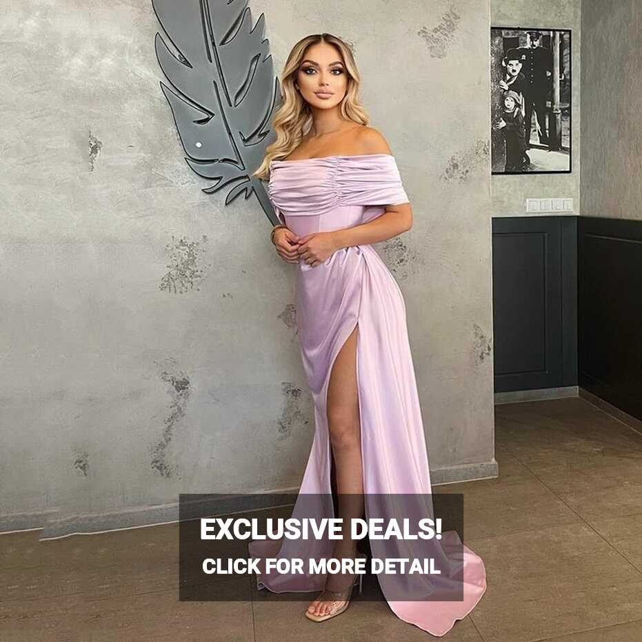 Elegant Pink Simple Satin Long Evening Dress Off Shoulder Pleat ...