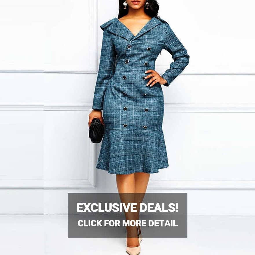 Elegant Plaid V-Neck Double Breasted Church Dresses – New Thin