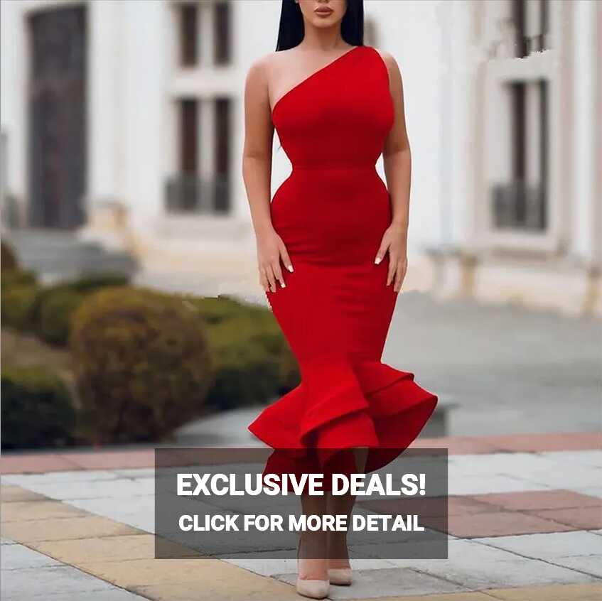 Elegant Plus Size Red One Shoulder Satin Mermaid Cocktail Dresses ...