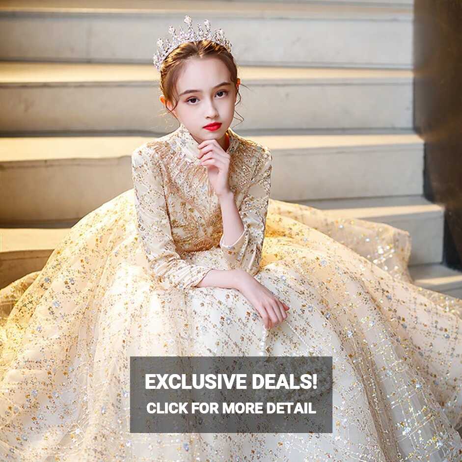 Elegant Princess Golden Lace Dress Kids Flower Girl Dresses For ...