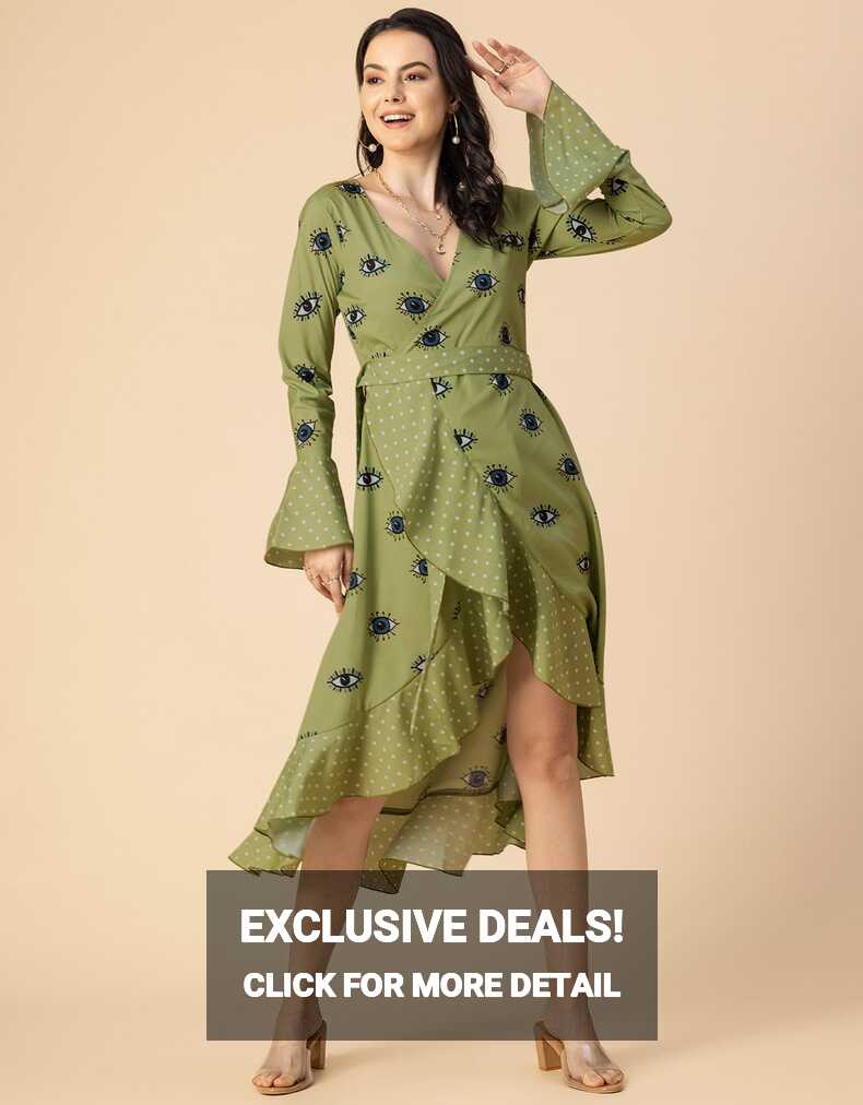 Elegant Printed Wrap Dress - Evening Party Wear - Moomaya