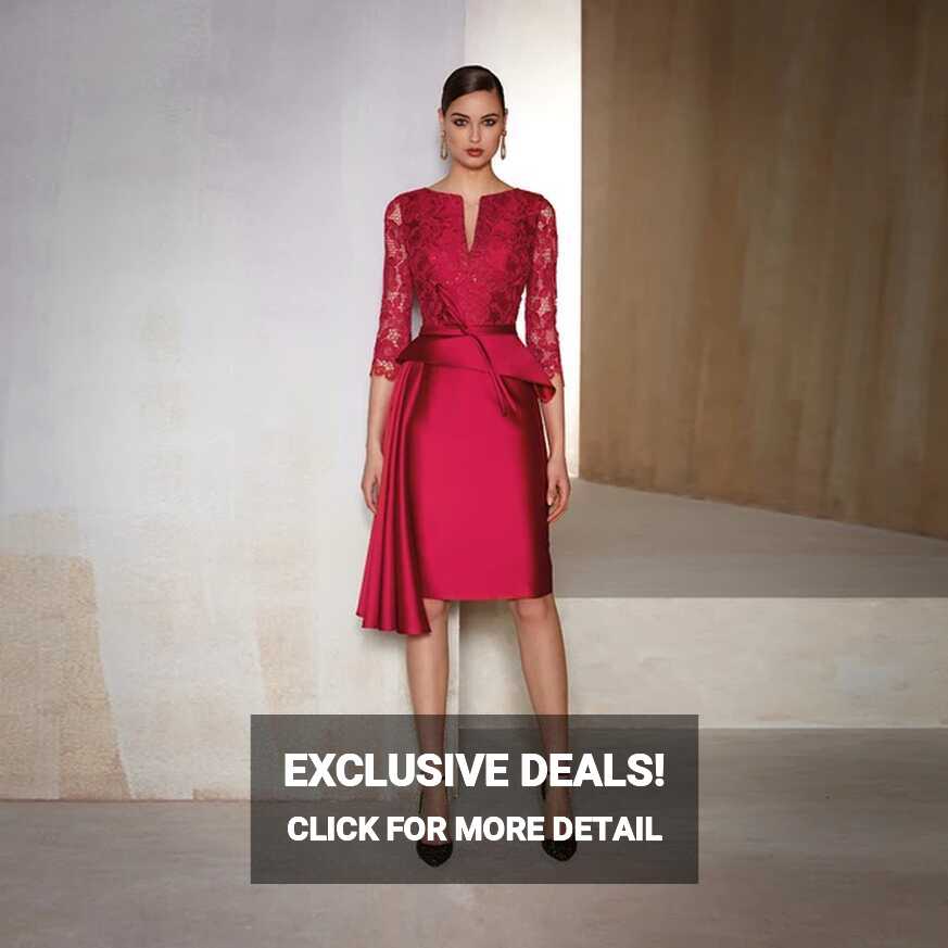 Elegant Red Cocktail Dress 2024 New Satin V-Neck Lace, 48% OFF