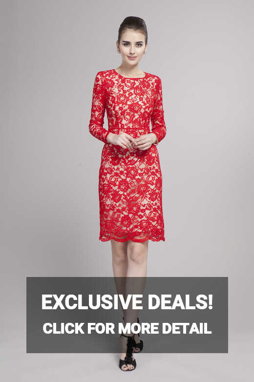 Elegant Red Lace Long Sleeve Cocktail Party Dress ...