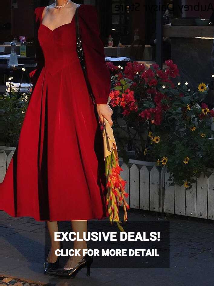 Elegant Red Long Dress Women Vintage Square Collar Slim Formal ...