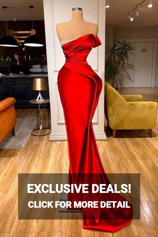 Elegant Red Long Mermaid Strapless Satin Formal Prom Dresses ...