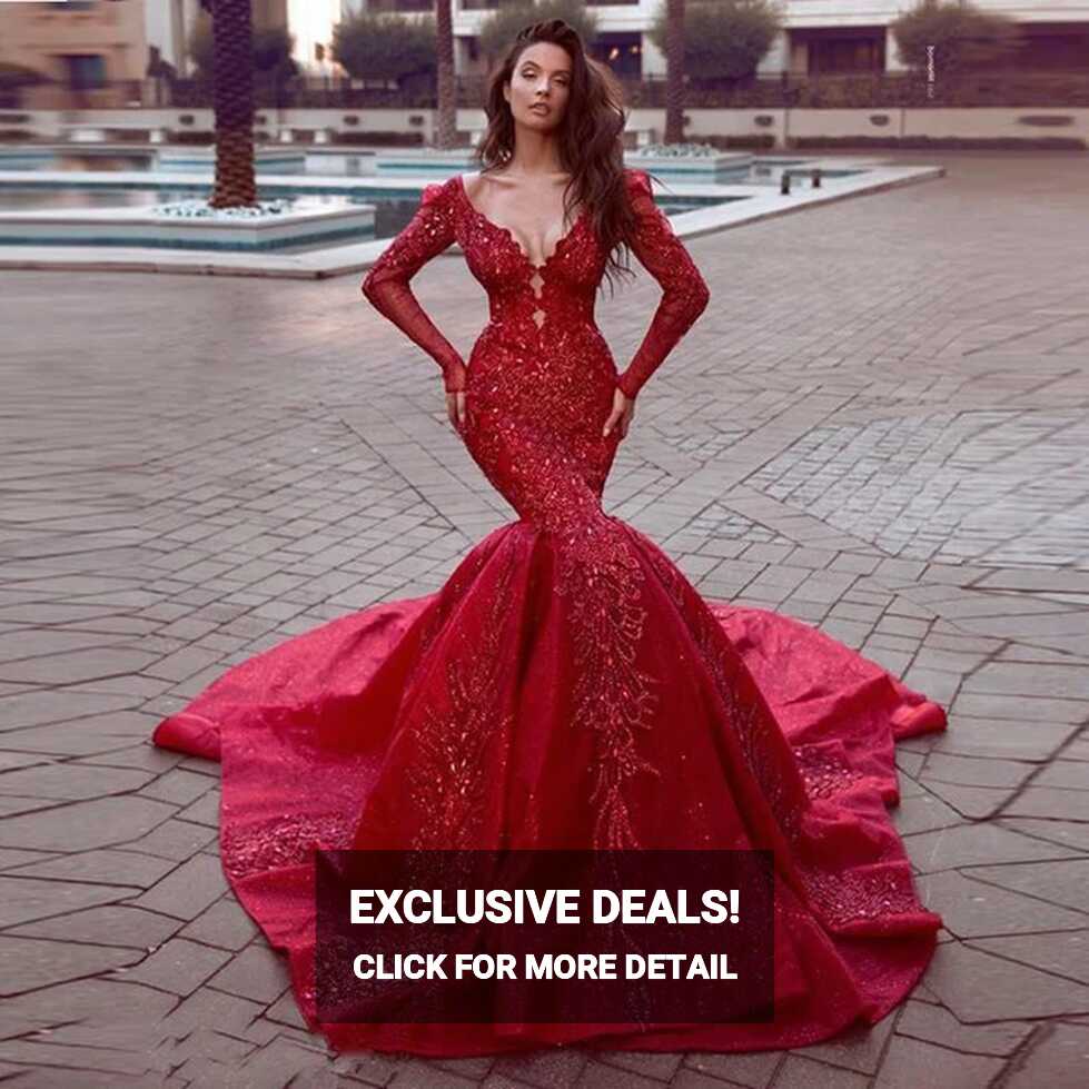 Elegant Red Mermaid Wedding Dress Sequin Long Prom Dress Side ...