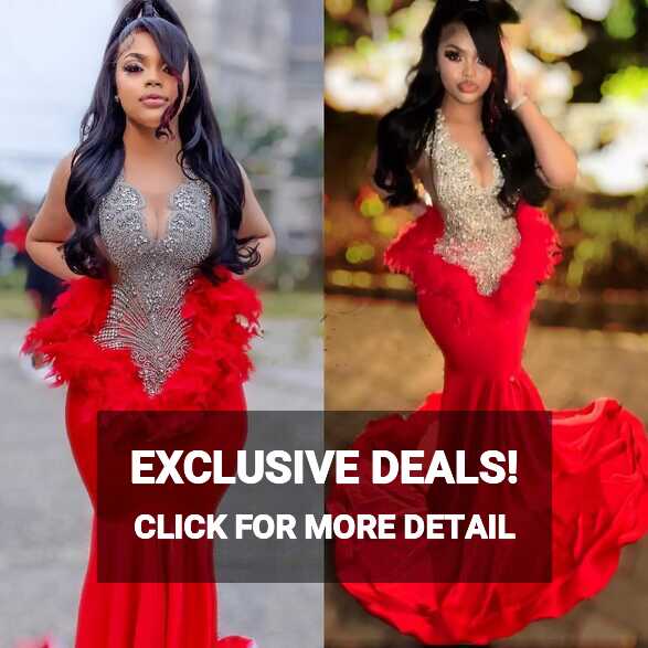 Elegant Red Prom Dresses For Black Girls Beading Sequined Feathers ...