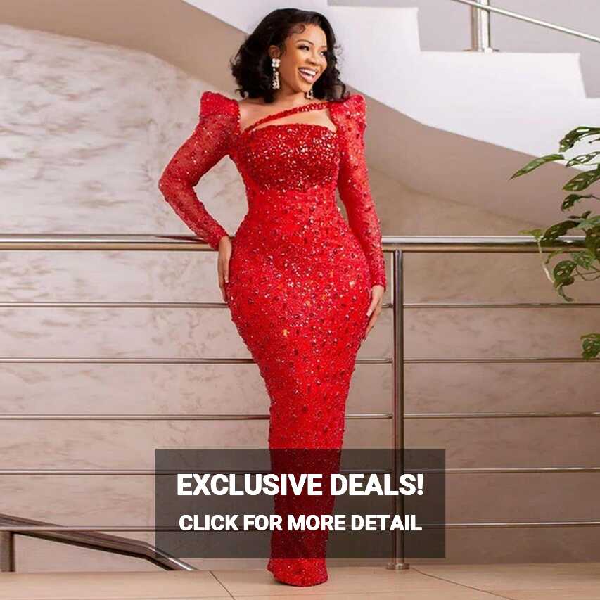 Elegant Red Sequined Prom Dresses Sparkly Sheath Aso Ebi Evening ...