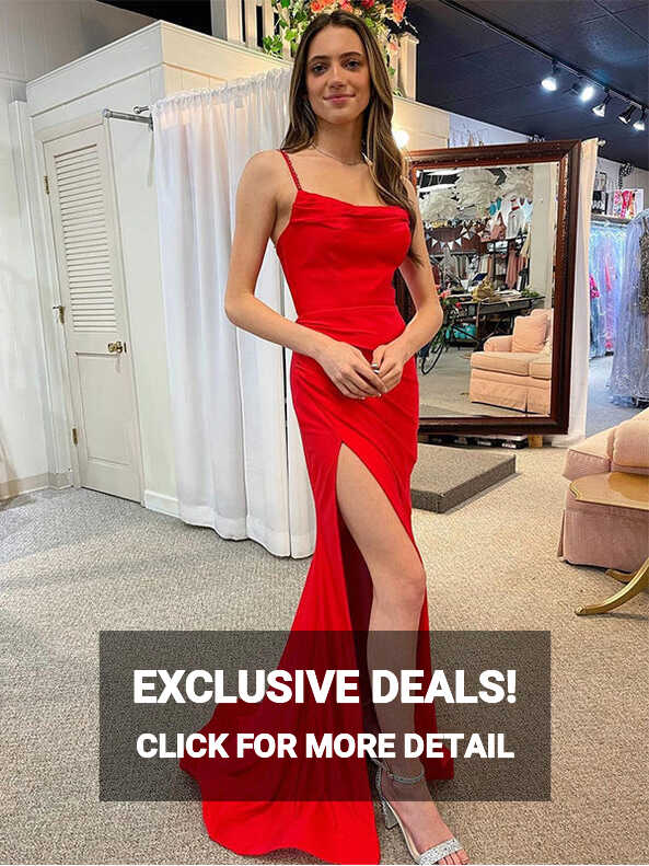 Elegant Red Spaghetti Straps Satin Sheath Long Prom Dresses Formal ...