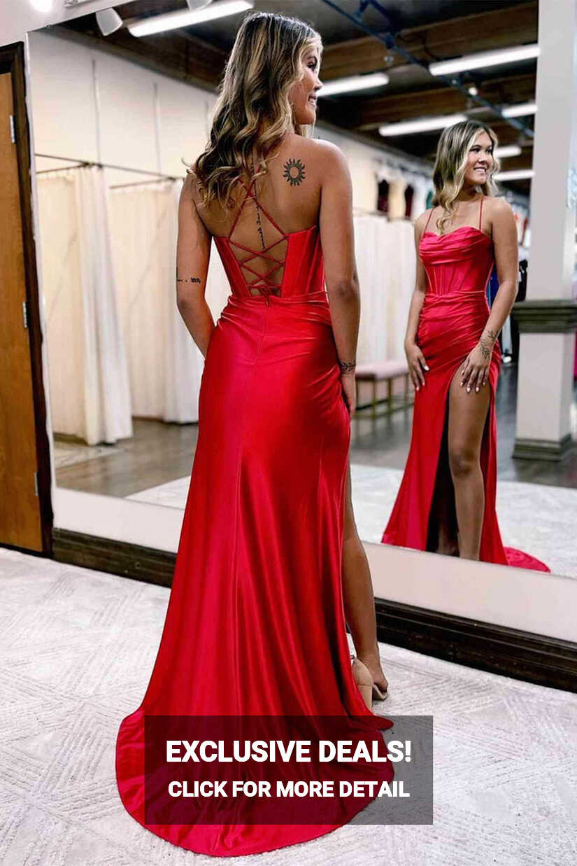 Elegant Red Straps Corset Back Long Prom Evening Dress with Slit ...