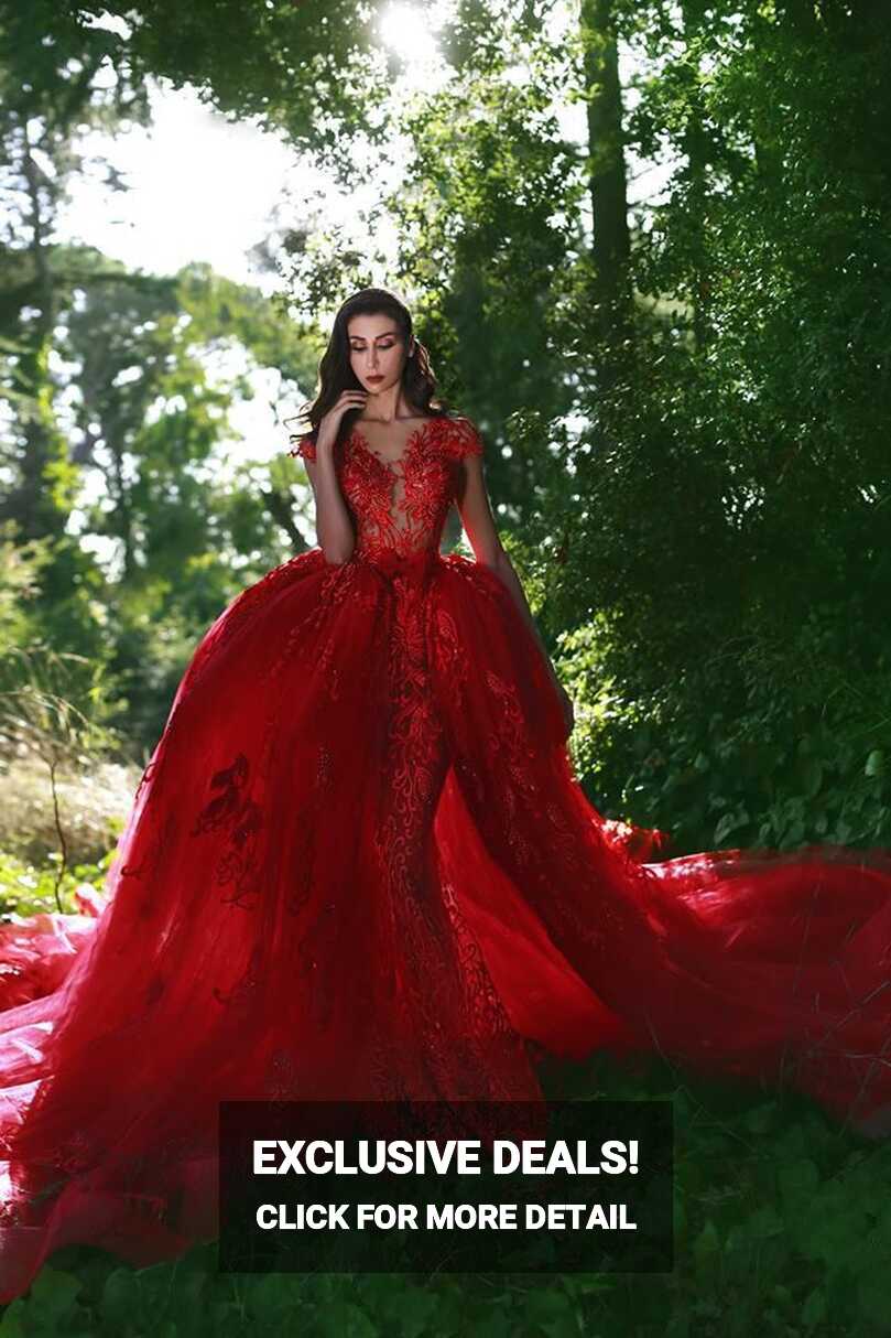 Elegant Red V-Neck OverSkirt Lace Applique Prom Dresses – Ballbella