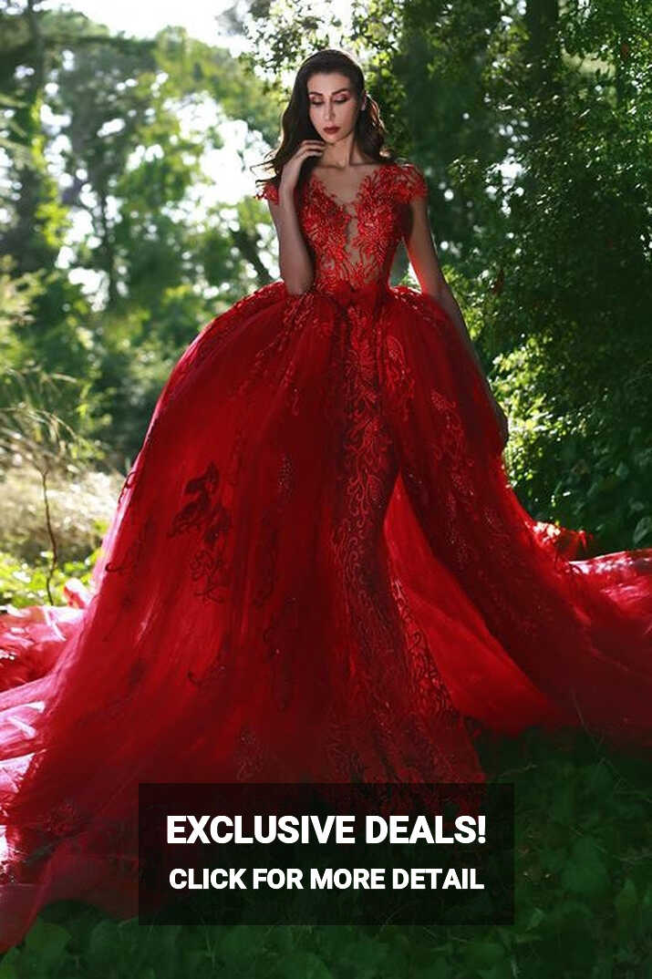 Elegant Red V-Neck OverSkirt Lace Applique Prom Dresses ...