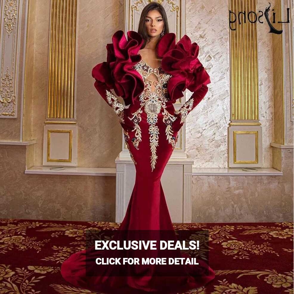 Elegant Red Velvet Mermaid Prom Dresses 2022 Long Sleeves Beaded ...