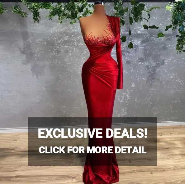 Elegant Red Velvet Mermaid Red Sparkly Prom Dress 2022 One ...