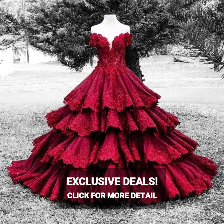 Elegant Red Wedding Dresses Sexy Sweetheart Off Shoulder Tiered ...