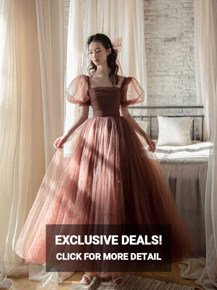 Elegant Retro Brown Tea Length Tulle Prom Dress, Puffy Homecoming ...