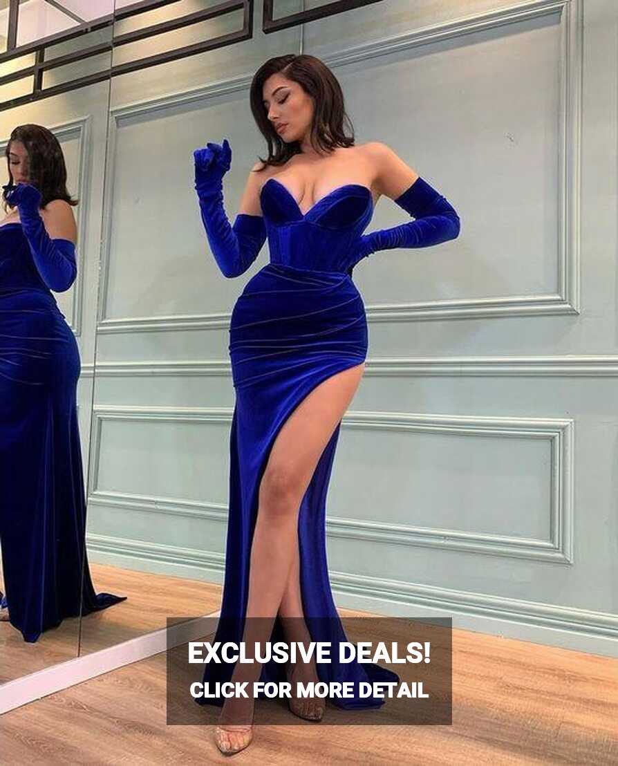 Elegant Royal Blue Long Mermaid Sweetheart Slit Velvet Prom Dress ...