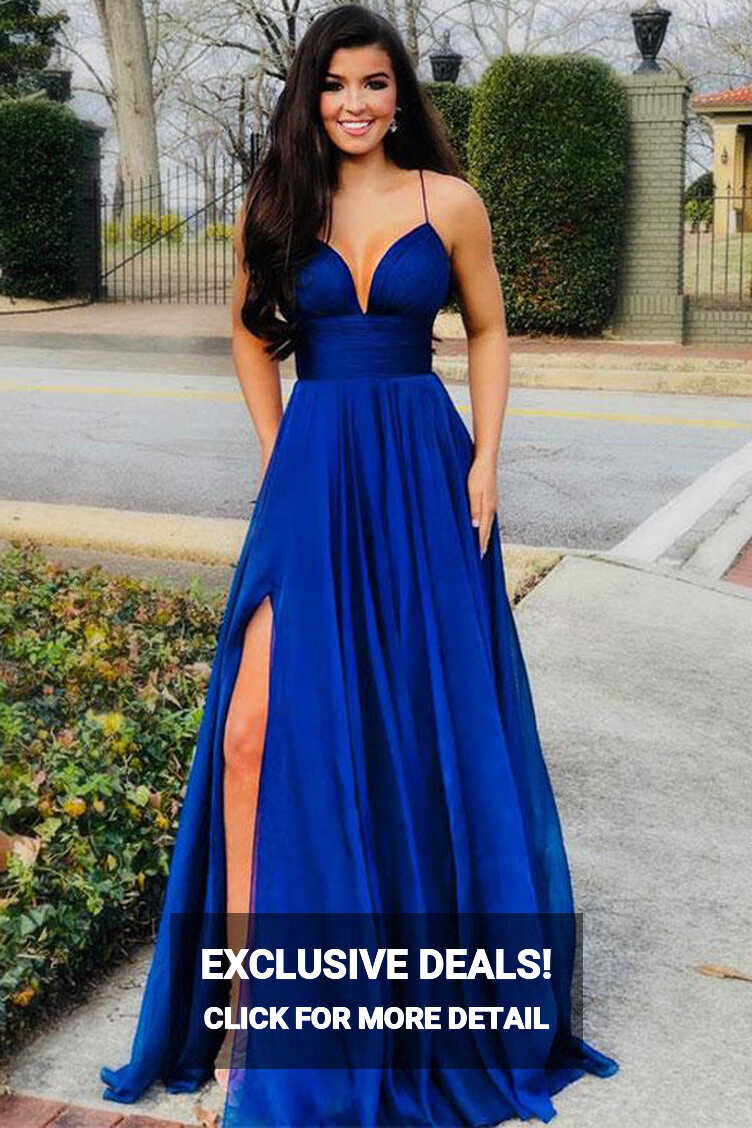 Elegant Royal Blue Spaghetti Straps Prom Dresses Formal Evening ...