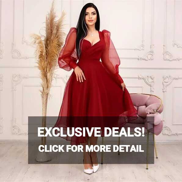 Elegant Short Red Tulle Evening Dresses With Sleeve A-Line ...